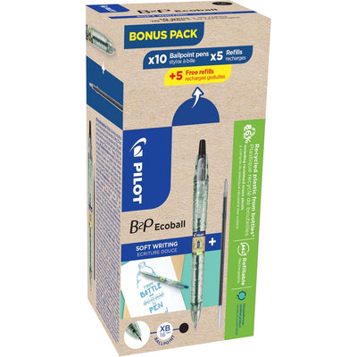 Pilot - Ecoball B2P BeGreen Kugelschreiber, groß, schwarz, Box mit 10 Stück + 10 Minen