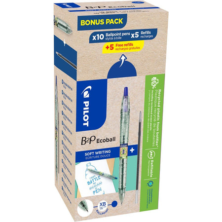 Pilot - Ecoball B2P BeGreen Kugelschreiber, groß, blau, Box mit 10 Stück + 10 Minen