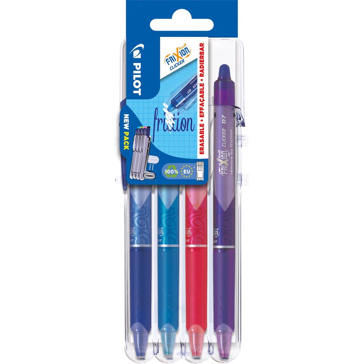Pilot - einziehbarer Roller FriXion Ball Clicker 2 Go, mittlere Spitze, 0,7 mm, Blister mit 4 Stück
