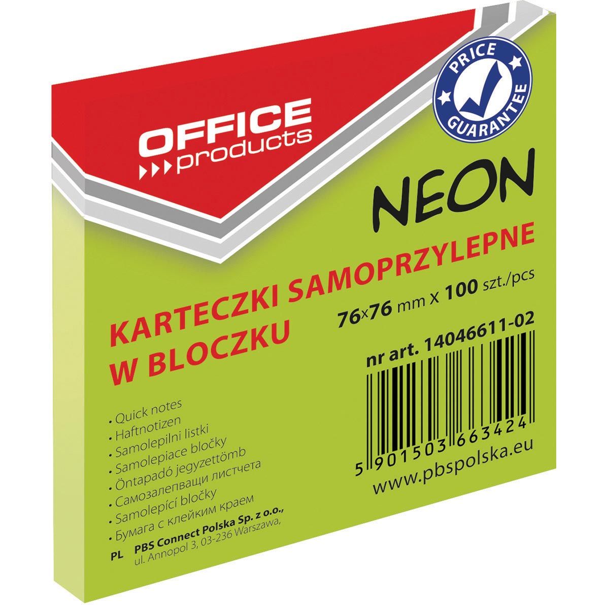 OFFICE products -   memoblok Neon, 76 x 76 mm, 100 vel, neongroen