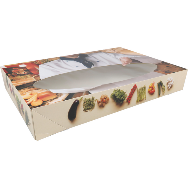 Klika - Catering Box | Bon Appetit | Karton + PLA | 360x550x80mm | mit Fenster | Weiß | 10 Stück