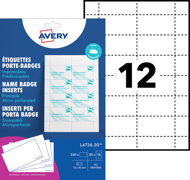 Avery -  Badgekaart  l4726-20 40x75mm perf 20vel