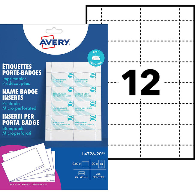 Avery -  Badgekaart  l4726-20 40x75mm perf 20vel