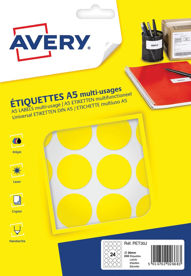 Avery -  PET30J ronde markeringsetiketten, diameter 30 mm, blister van 240 stuks, geel