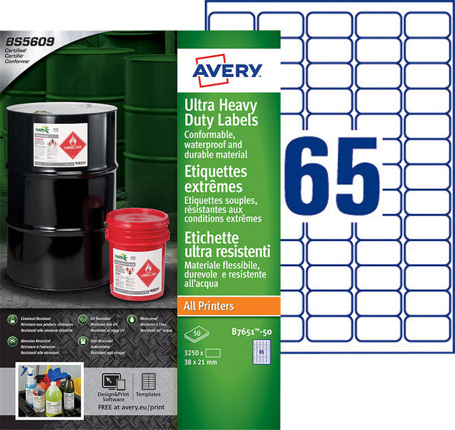 Avery -  Etiket  b7651-50 38x21mm polyester wit 3250st