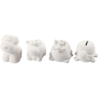 Creotime - Tierspardose Creativ Company Terrakotta 4 Stück Eule, Fuchs, Hase und Igel 9-10cm weiß
