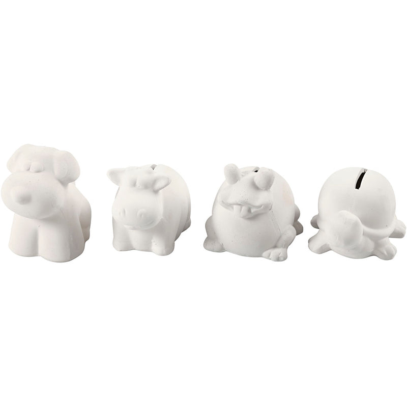 Creotime - Tierspardose Creativ Company Terrakotta 4 Stück Eule, Fuchs, Hase und Igel 9-10cm weiß