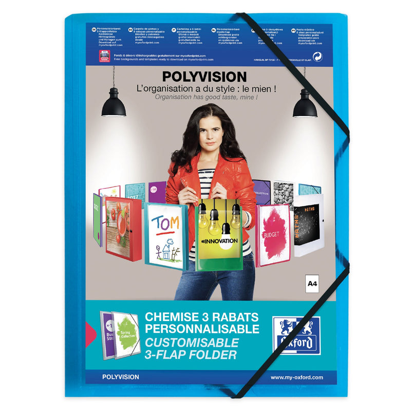 Oxford - Elasto-Ordner Polyvision A4 mit Einstecktasche 3 Klappen PP blau | 12 Stück