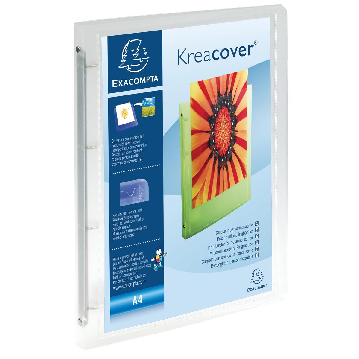 Exacompta - Personalisierbarer Ringordner Kreacover 4 Ringe, transparent weiß