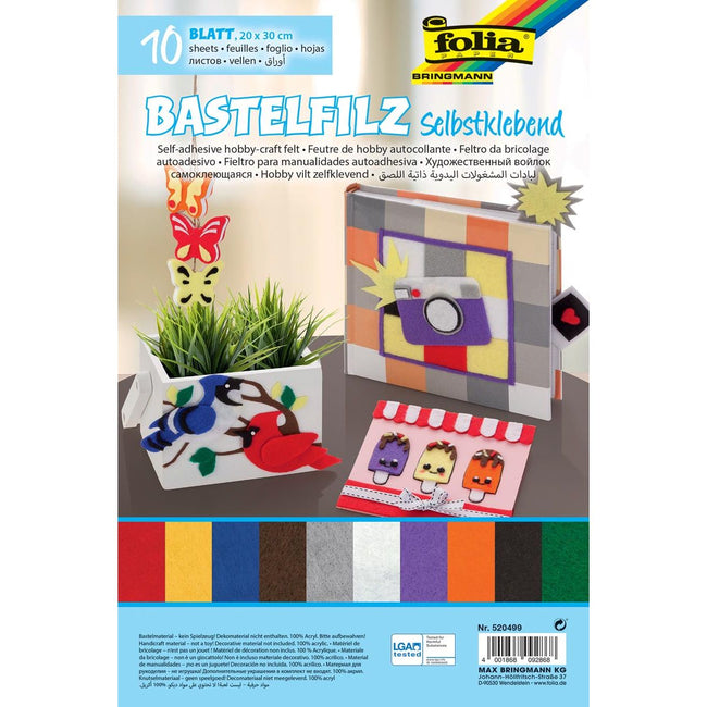 Folia – selbstklebender Filz ft 20 x 30 cm, Packung mit 10 Bögen in verschiedenen Farben