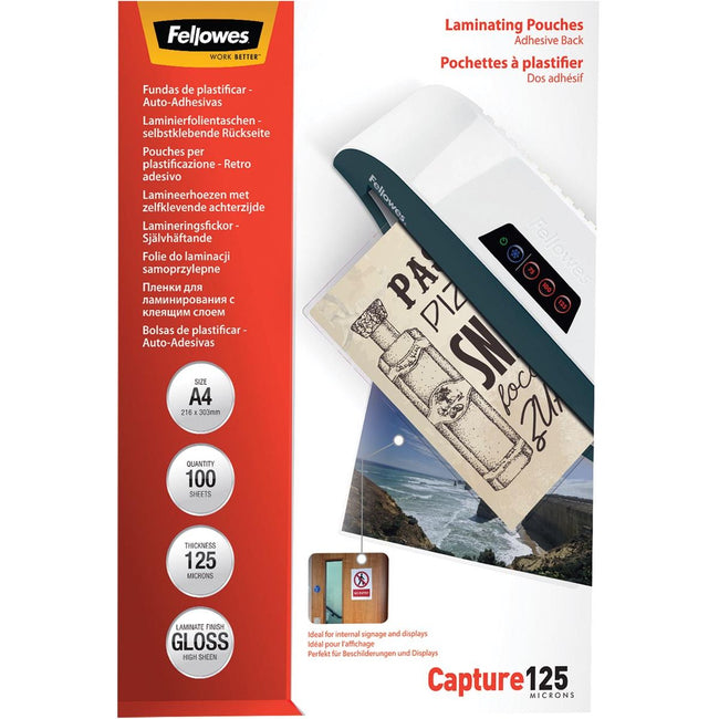 Fellowes - Laminierfolie Capture125 ft A4, 250 Mikron (2 x 125 Mikron), 100er-Packung, selbstklebend