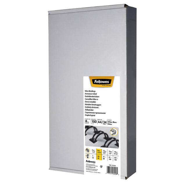 Wire Ridge Fellowes 8mm 34-Ringe A4 White 100 Pieces
