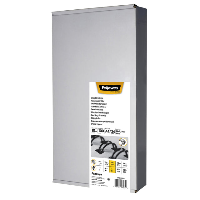 Wire Ridge Fellowes 10mm 34-Ringe A4 Black 100-Pieces