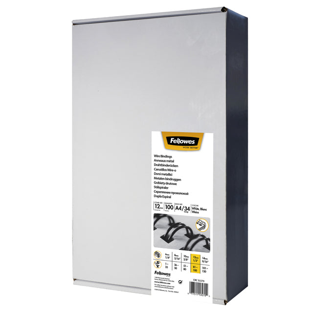 Wire Ridge Fellowes 12mm 34-Ringe A4 White 100 Pieces
