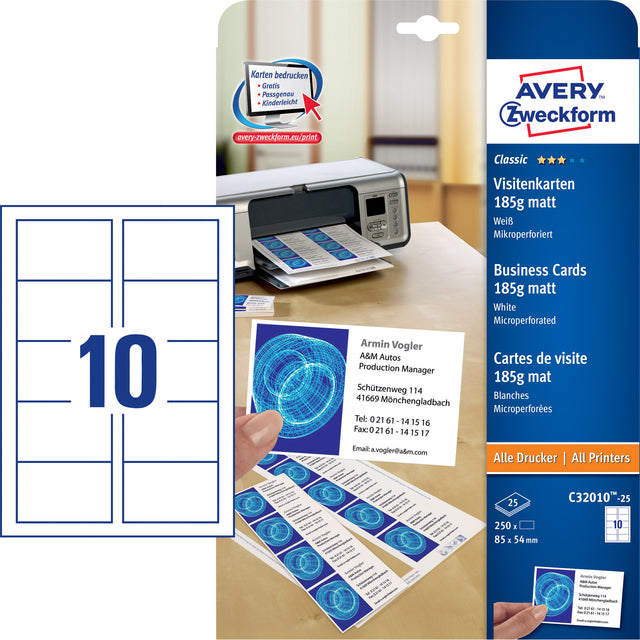 Visitenkarte Avery Zweckform C32010-25 85x54mm 185gr 250 Stück