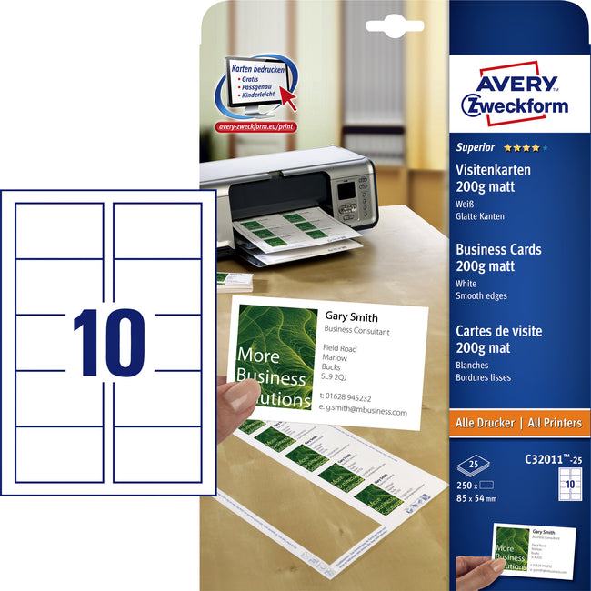 Avery Zweckform - Visitenkarte Zweckform C32011-25 85x54mm 200gr 250 Stück