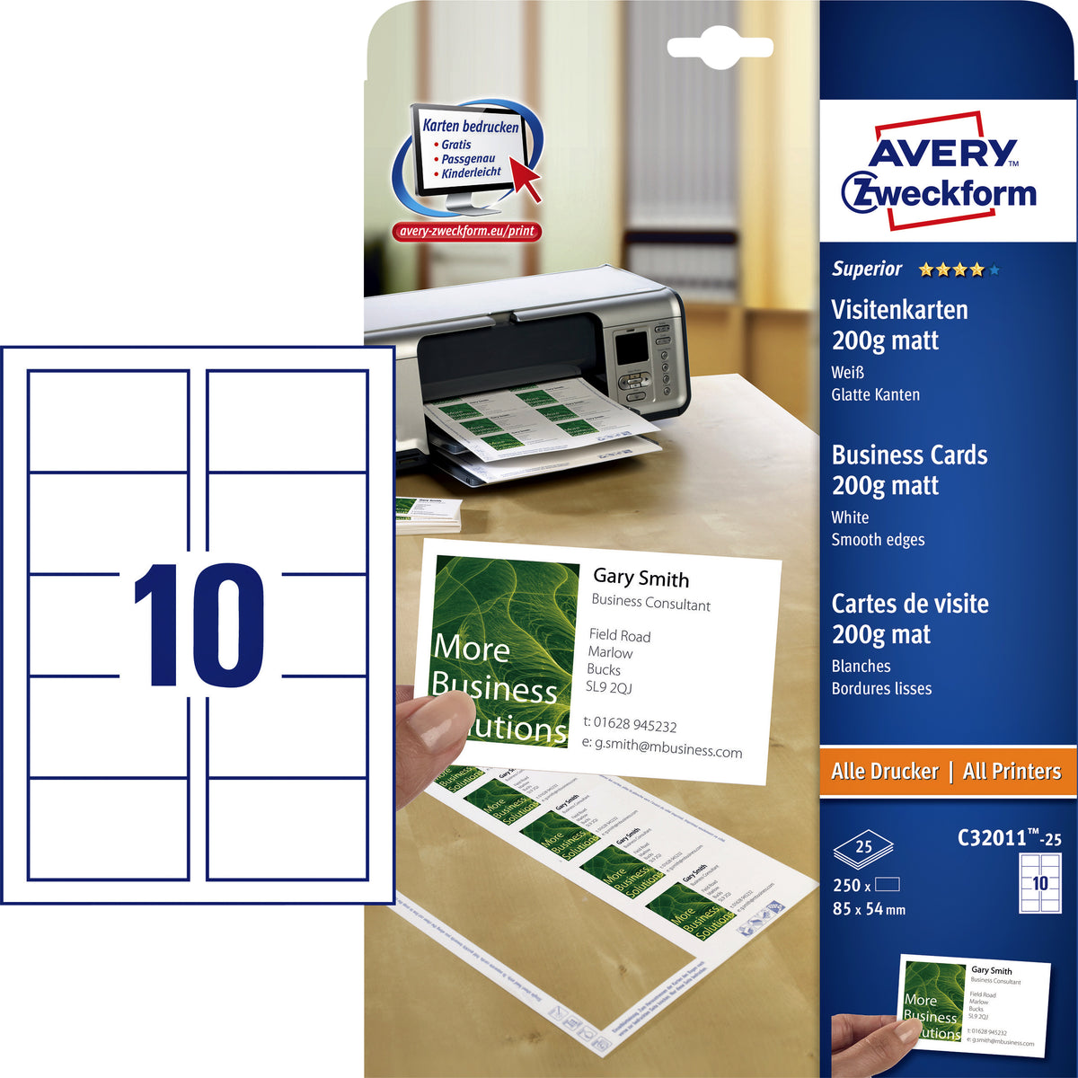 Avery Zweckform - Visitenkarte Zweckform C32011-25 85x54mm 200gr 250 Stück