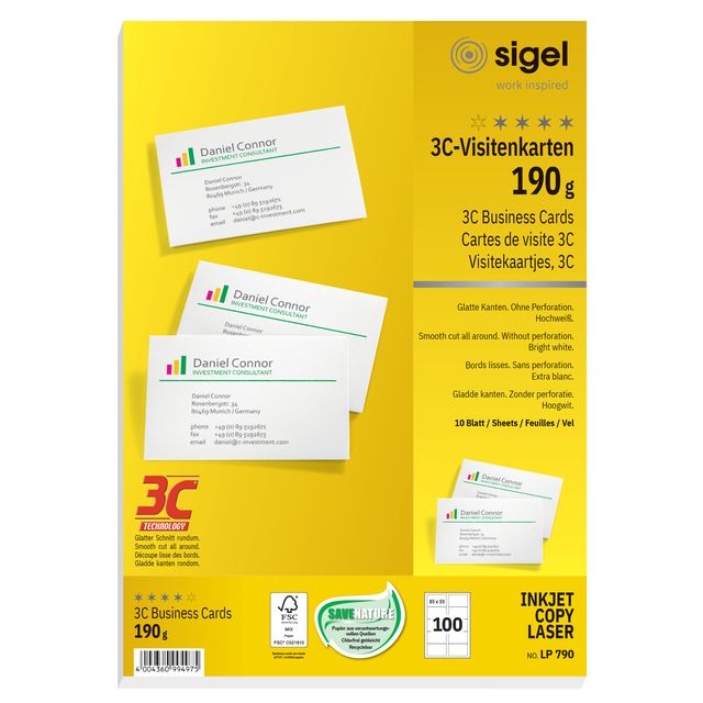 Sigel - Visitenkarte 85x55mm blanko 190gr abgerundete Ecken weiß 100 Stück