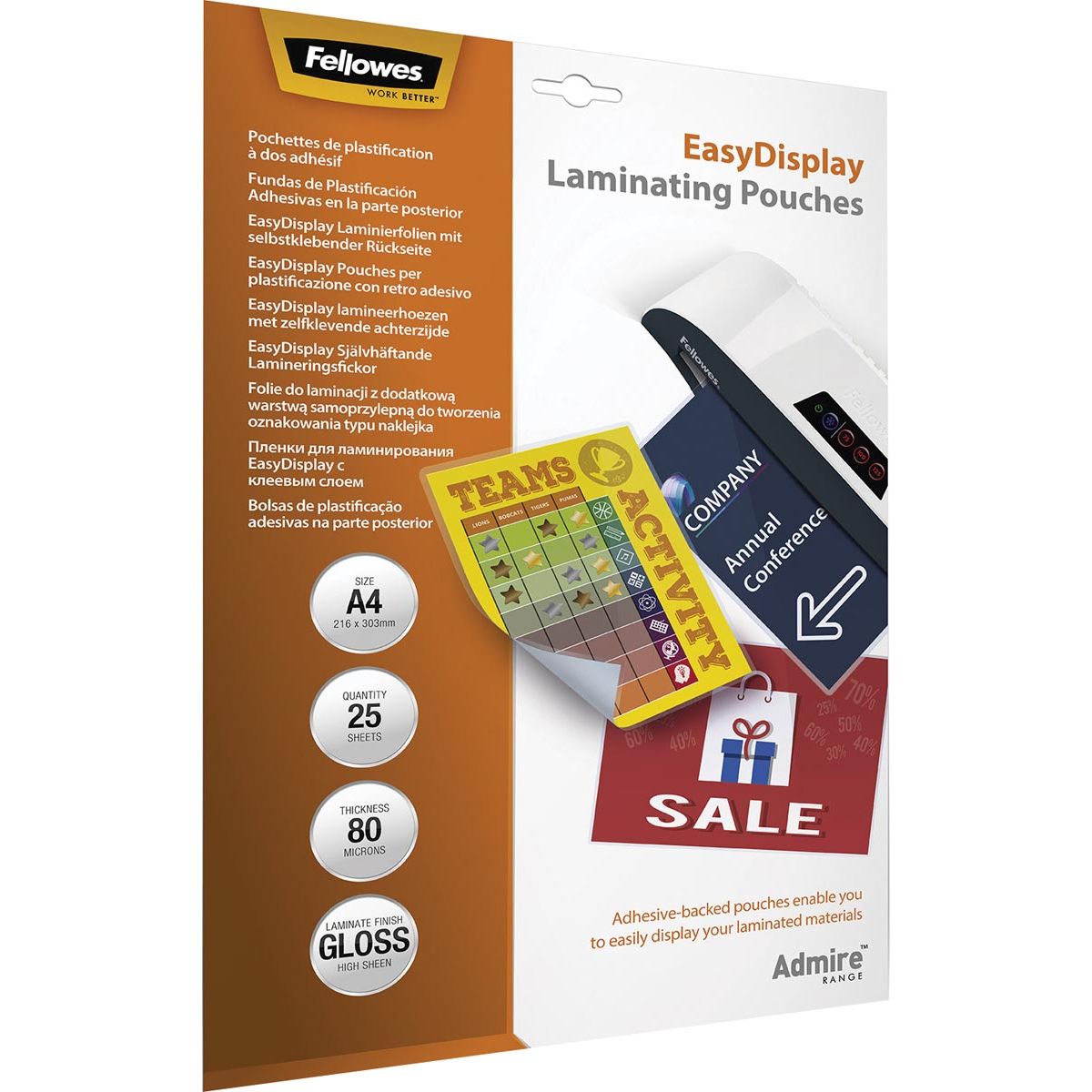 Fellowes - Admire Laminierfolien EasyDisplay, Enhance80, ft A4, 160 Mikron (2 x 80 Mikron), Packung mit 25 Stück
