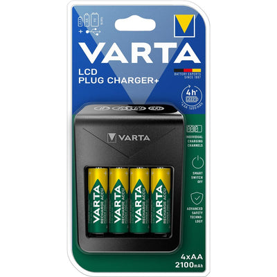 Varta - Batterieladegerät LCD Plug Charger+, inklusive 4 x AA-Batterie, im Blister