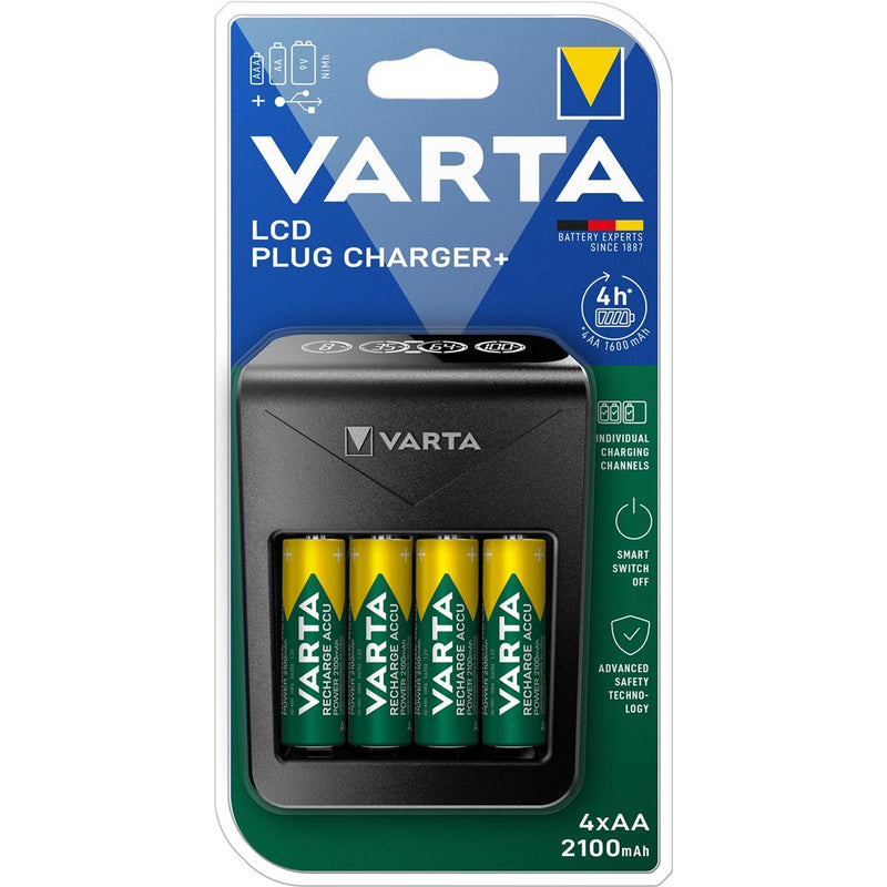 Varta - Batterieladegerät LCD Plug Charger+, inklusive 4 x AA-Batterie, im Blister