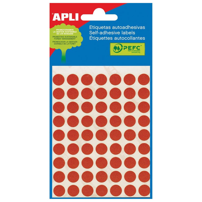 Apli - runde Etiketten im Etui Durchmesser 10 mm, rot, 315 Stück, 63 pro Blatt (2053)