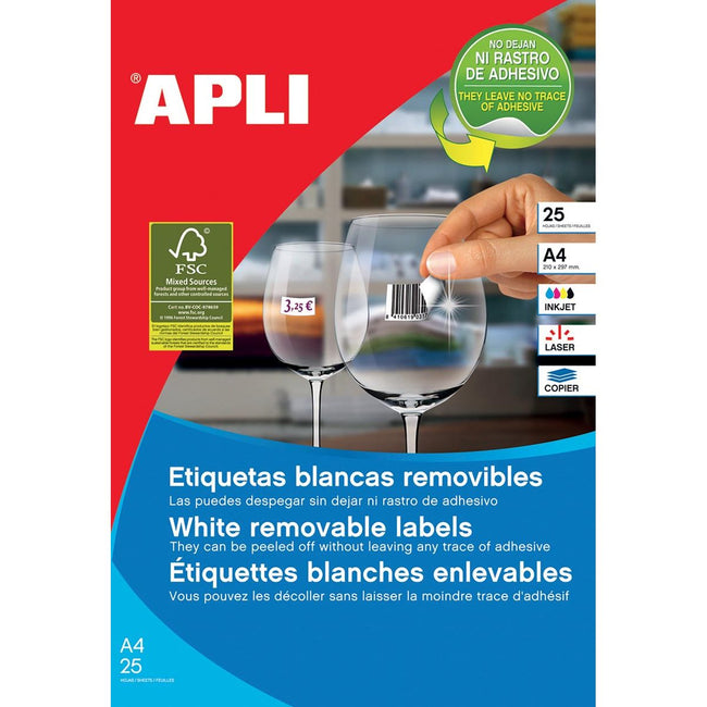 Apli – ablösbare weiße Etiketten, 35,6 x 16,9 mm (B x H), 2.000 Stück, 80 pro Blatt, Karton mit 25 Blatt