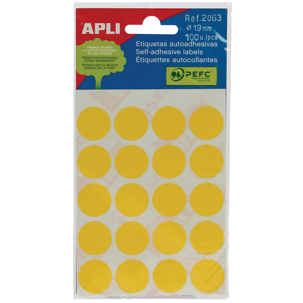 Apli - runde Etiketten im Etui Durchmesser 19 mm, gelb, 100 Stück, 20 pro Blatt (2063)