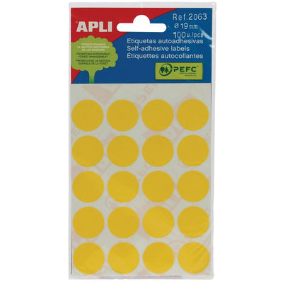 Apli - runde Etiketten im Etui Durchmesser 19 mm, gelb, 100 Stück, 20 pro Blatt (2063)