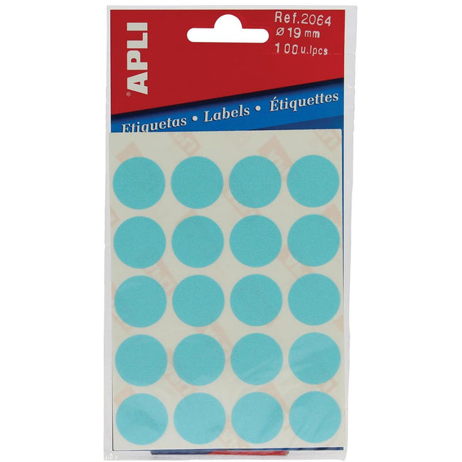 Apli - runde Etiketten im Etui Durchmesser 19 mm, blau, 100 Stück, 20 pro Blatt (2064)