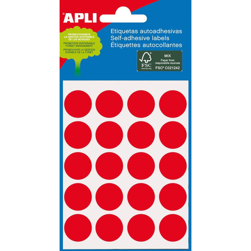 Apli - runde Etiketten im Etui Durchmesser 19 mm, rot, 100 Stück, 20 pro Blatt (2065)