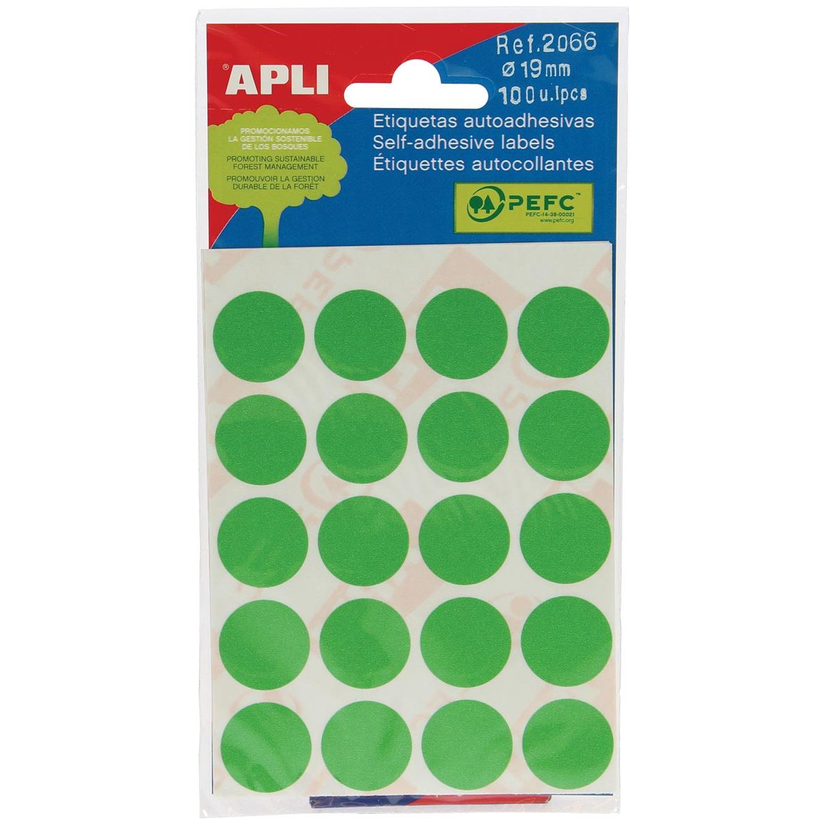 Apli - runde Etiketten im Etui Durchmesser 19 mm, grün, 100 Stück, 20 pro Blatt (2066)