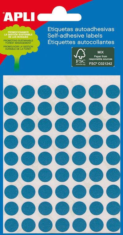 Apli - runde Etiketten im Etui Durchmesser 8 mm, blau, 288 Stück, 96 pro Blatt (2045)