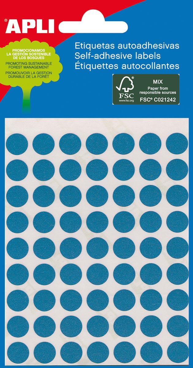 Apli - runde Etiketten im Etui Durchmesser 8 mm, blau, 288 Stück, 96 pro Blatt (2045)