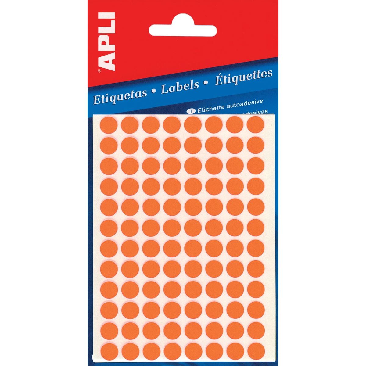 Apli - Runde Etiketten im Etui, Durchmesser 8 mm, fluoreszierendes Orange, 288 Stück, 96 pro Blatt (2080)