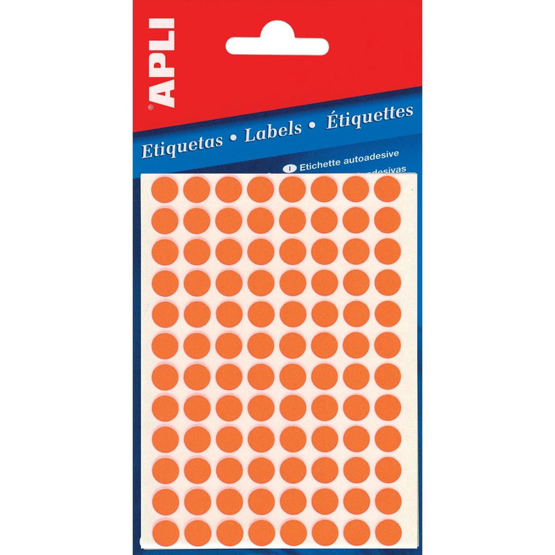 Apli - Runde Etiketten im Etui, Durchmesser 8 mm, fluoreszierendes Orange, 288 Stück, 96 pro Blatt (2080)