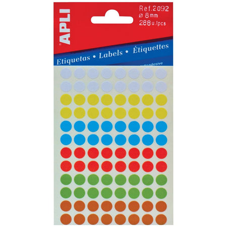 Apli – runde Etiketten im Beutel, Durchmesser 8 mm, verschiedene Farben, 288 Stück, 96 pro Blatt (2092)