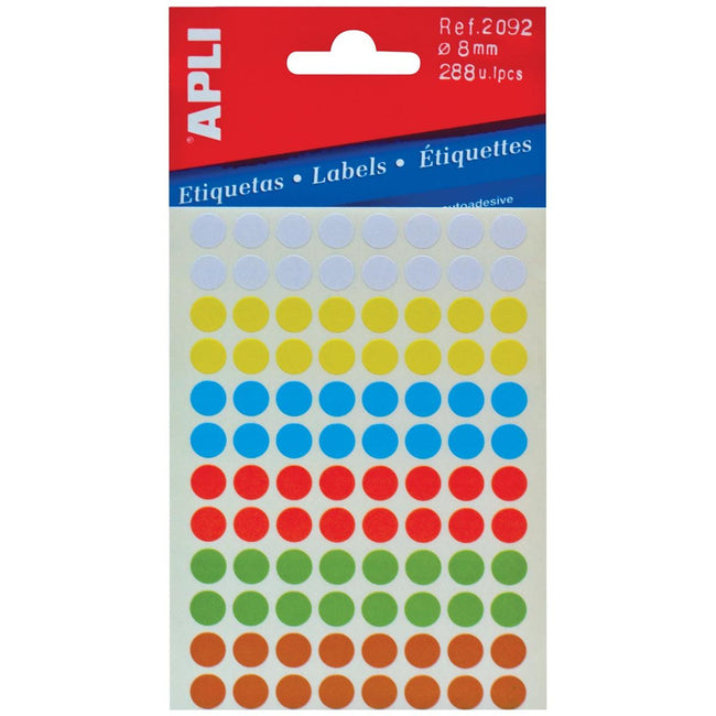 Apli – runde Etiketten im Beutel, Durchmesser 8 mm, verschiedene Farben, 288 Stück, 96 pro Blatt (2092)