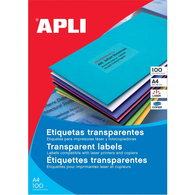 Apli – Transparente Etiketten ft 210 x 297 mm (B x H), 20 Stück, 1 pro Blatt, Karton mit 20 Blatt