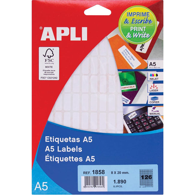 Apli – weiße Etiketten Print Write ft 8 x 20 mm (B x H), 1.890 Stück, 126 pro Blatt (1858)