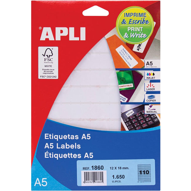 Apli – weiße Etiketten Print Write ft 12 x 18 mm (B x H), 1.650 Stück, 110 pro Blatt (1860)