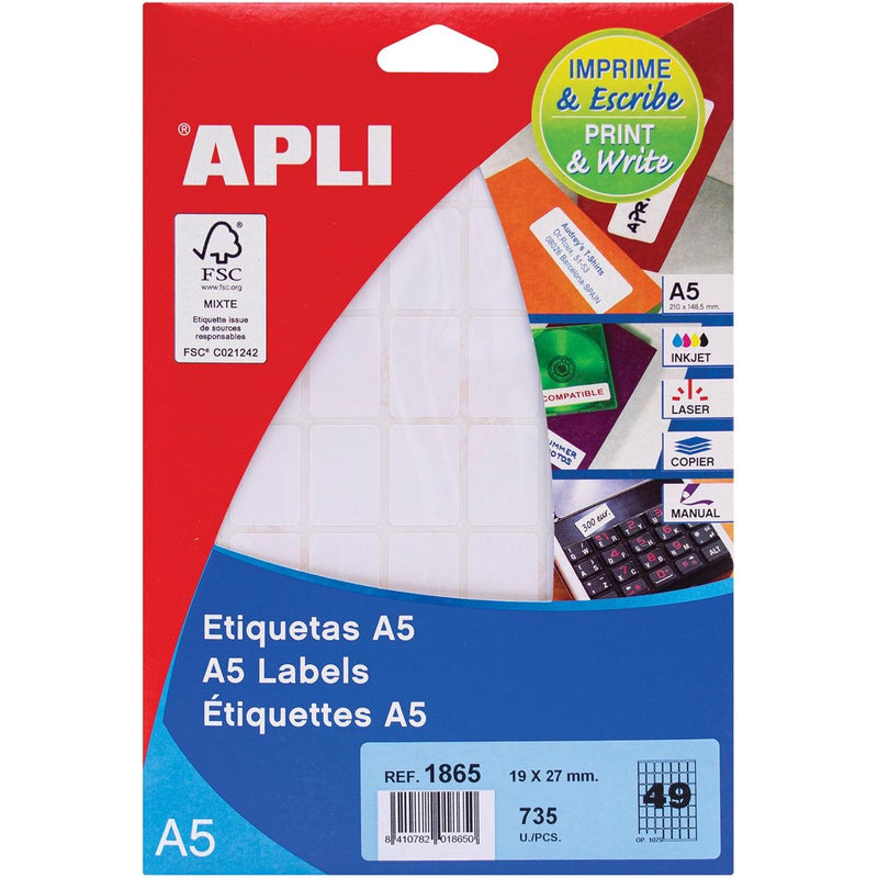 Apli – weiße Etiketten Print Write ft 19 x 27 mm (B x H), 735 Stück, 49 pro Blatt (1865)