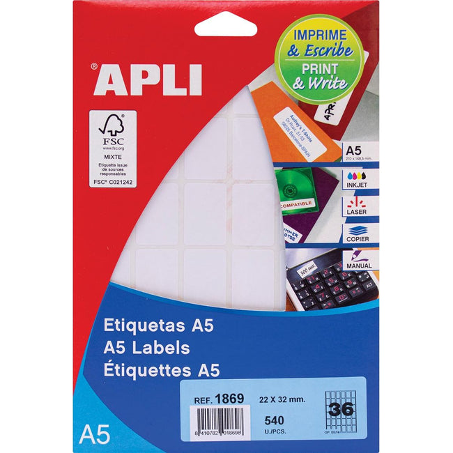 Apli – weiße Etiketten Print Write ft 22 x 32 mm (B x H), 540 Stück, 36 pro Blatt (1869)