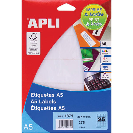 Apli – Weiße Etiketten Print Write ft 25 x 40 mm (B x H), 375 Stück, 25 pro Blatt (1871)