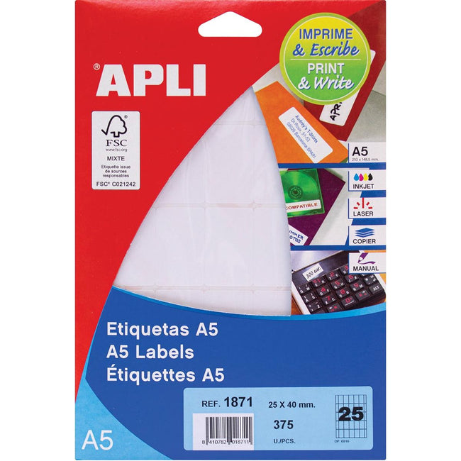Apli – Weiße Etiketten Print Write ft 25 x 40 mm (B x H), 375 Stück, 25 pro Blatt (1871)