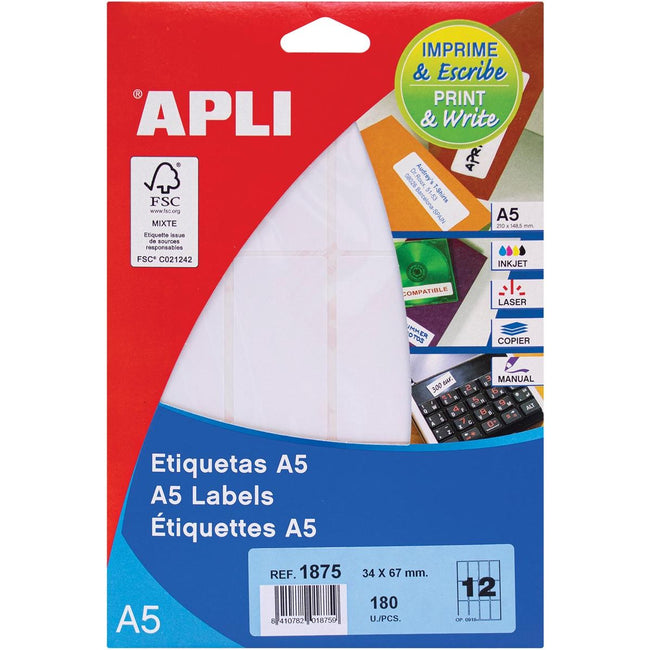 Apli – weiße Etiketten Print Write ft 34 x 67 mm (B x H), 180 Stück, 12 pro Blatt (1875)