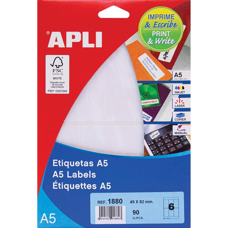 Apli – weiße Etiketten Print Write ft 49 x 82 mm (B x H), 90 Stück, 6 pro Blatt (1880)