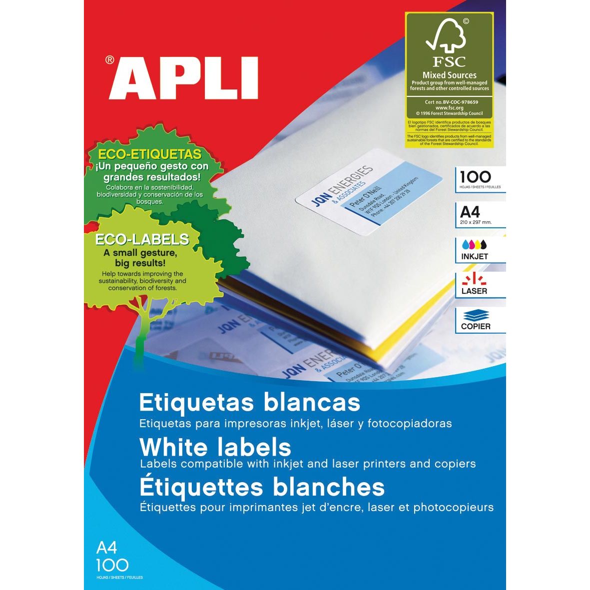 Apli – Weiße Etiketten ft 64 x 33,9, runde Ecken, 2.400 Stück, 24 pro Blatt (2409)