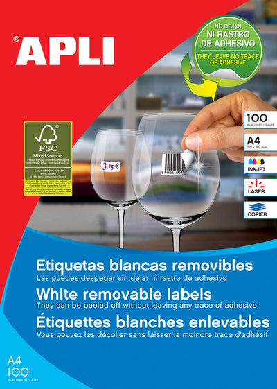 Apli – ablösbare weiße Etiketten ft 210 x 297 mm (B x H) (B x H), 100 Stück, 1 pro Blatt (3060)