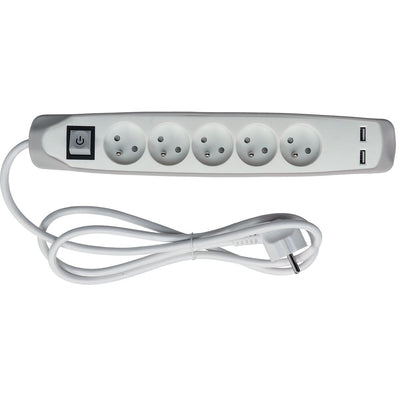 Perel - Steckdose mit 5 Steckdosen, 2 USB und Schalter, 1,5 m, weiß/grau, für NL